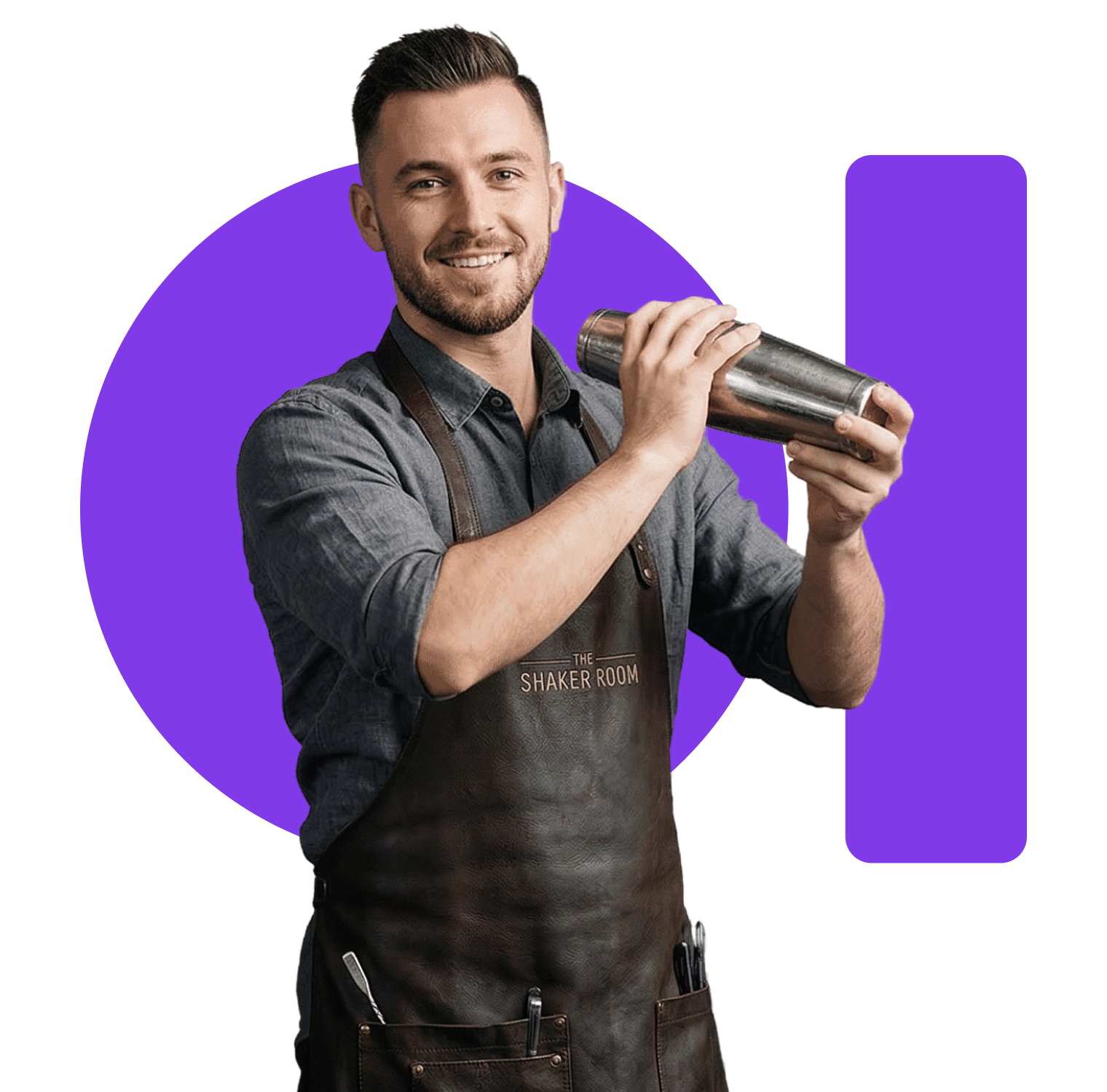 A confident bartender holding a cocktail shaker and preparing a drink