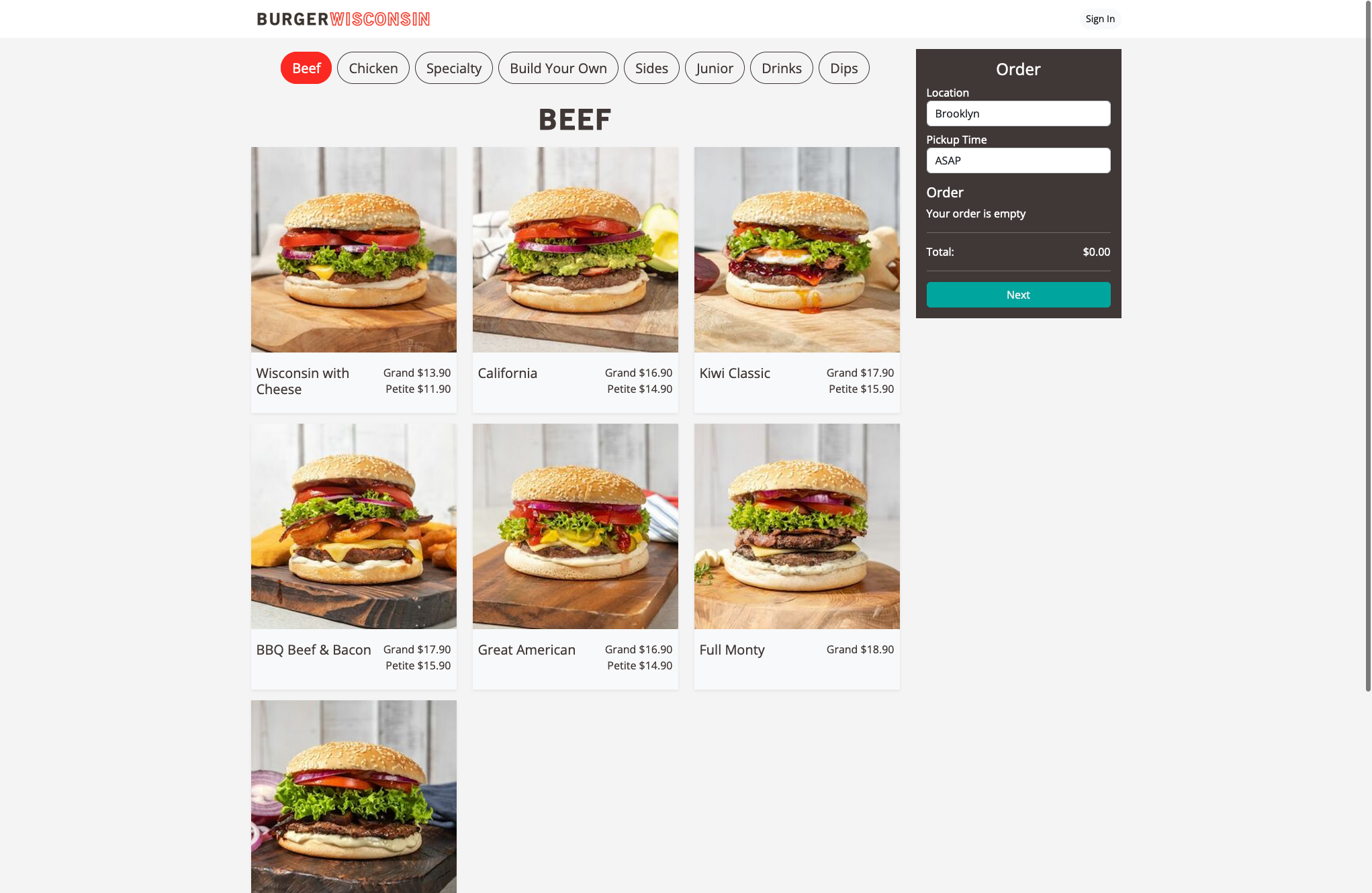 Screenshot of Online Ordering