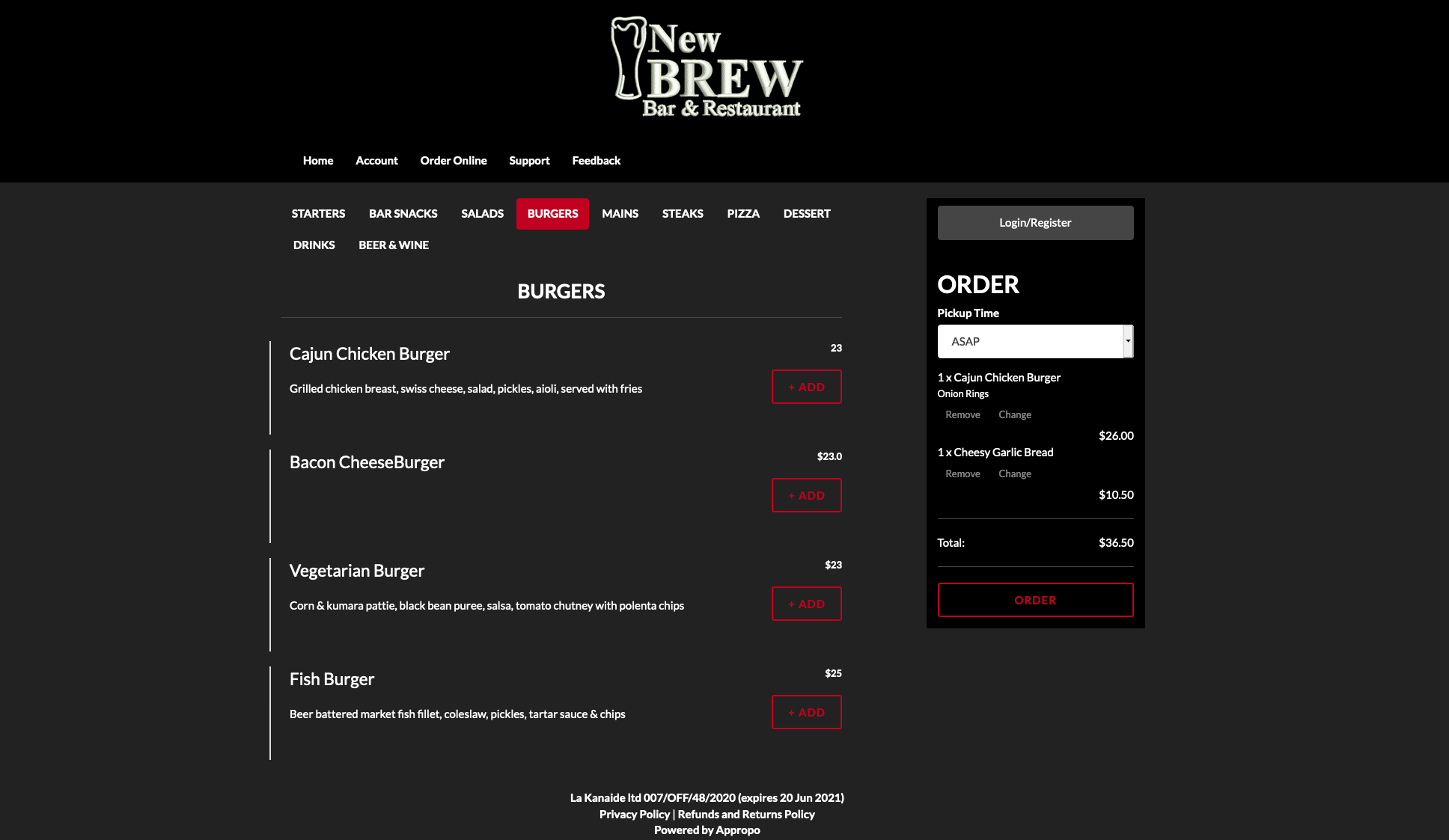 Screenshot of Online Ordering