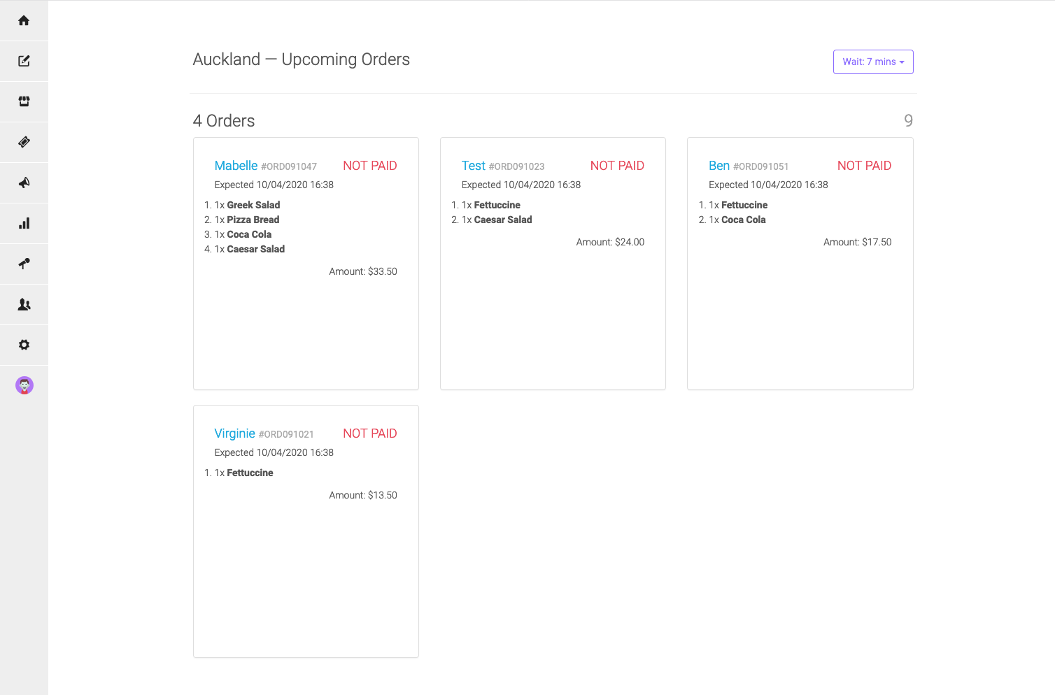 Dashboard with incoming online orders