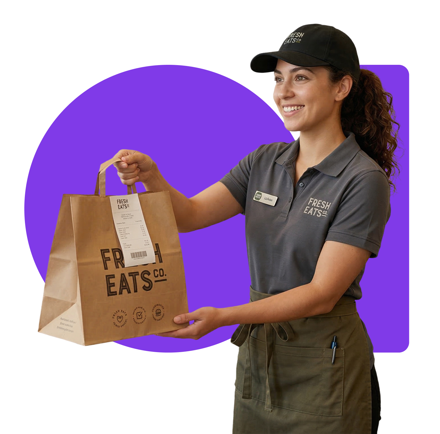 A friendly fast casual restaurant staff member handing over a takeaway food bag.