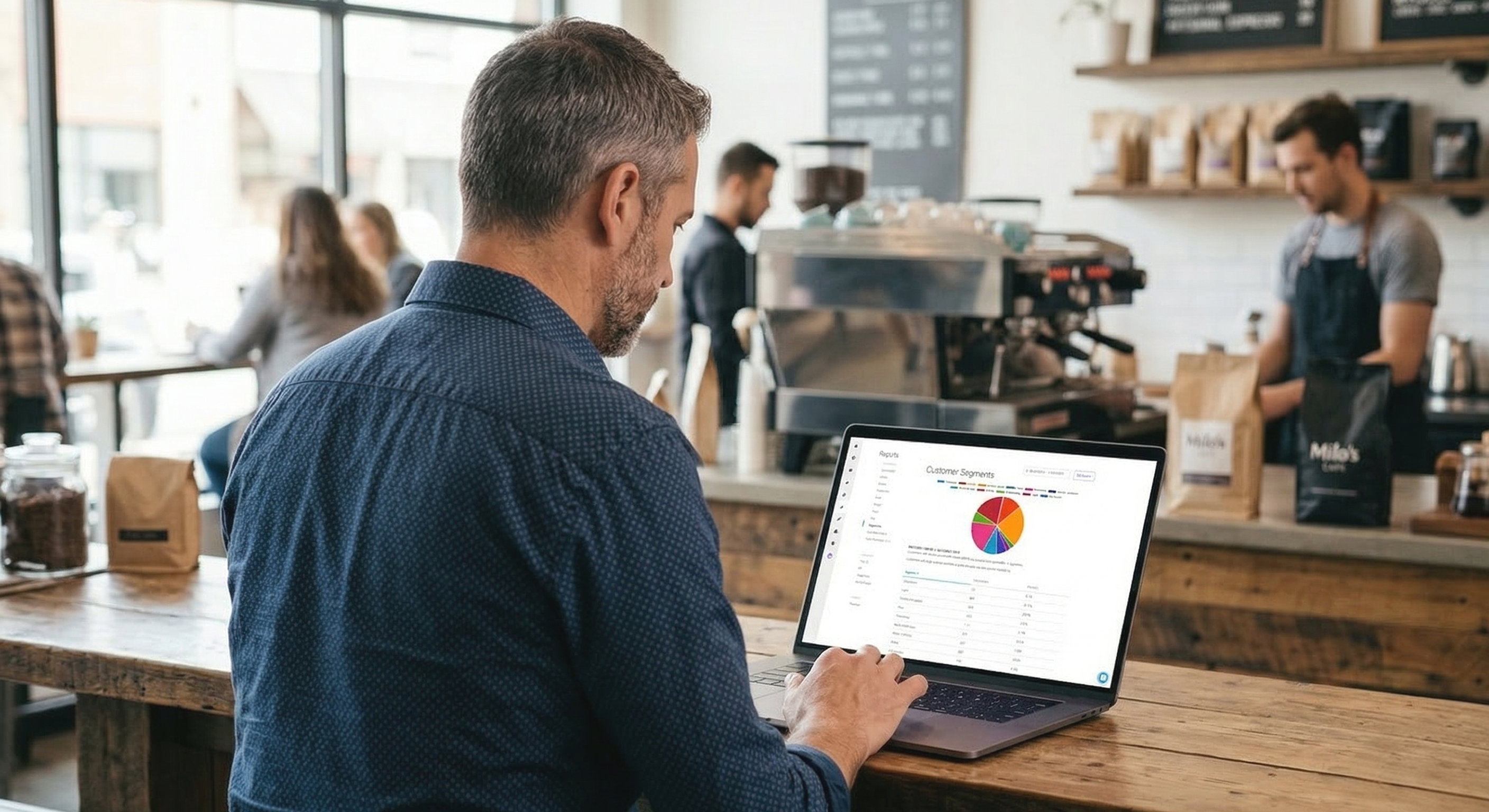 Cafe owner reviewing customer analytics charts on a laptop at the cafe counter.