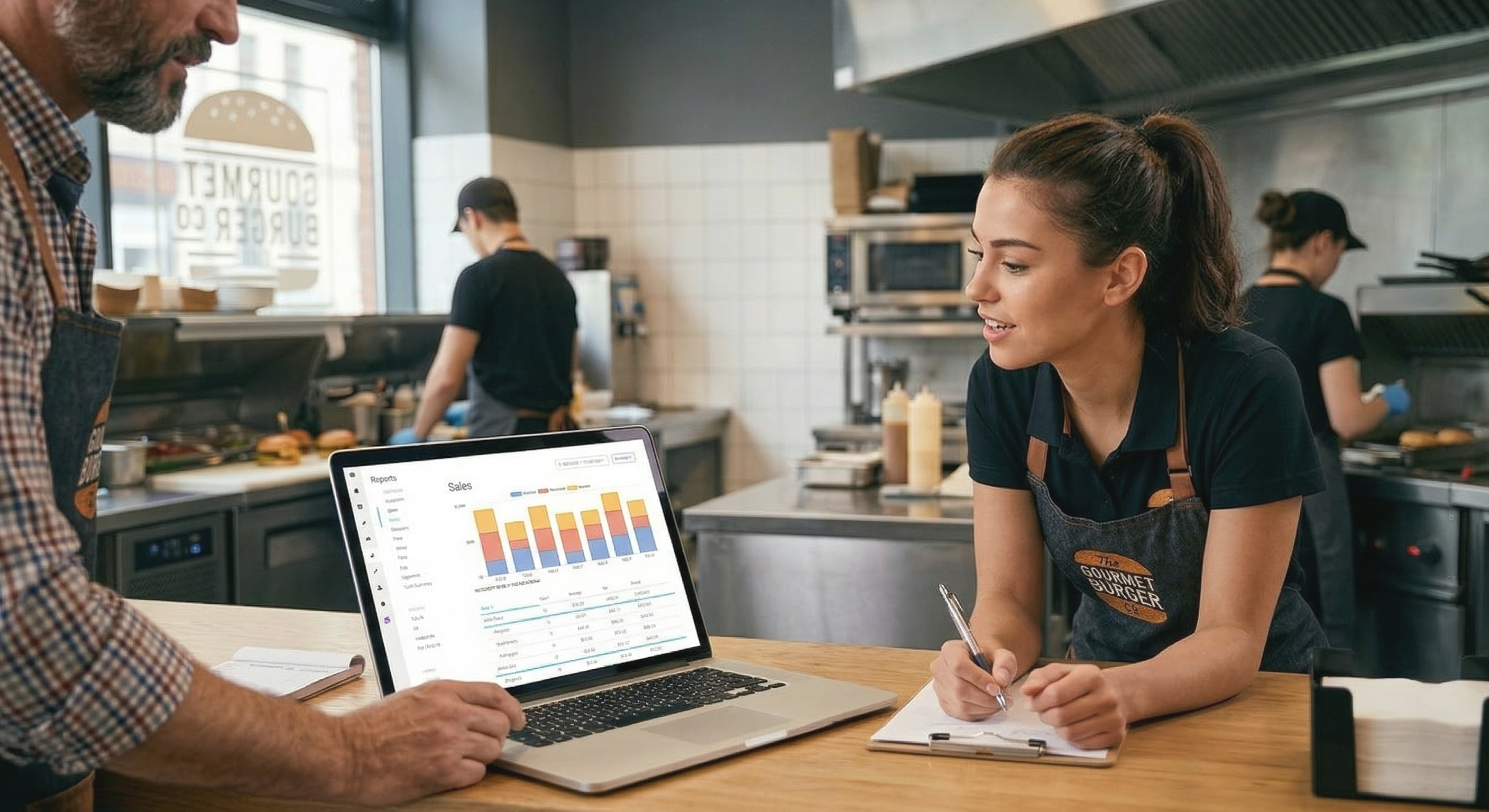 Restaurant staff reviewing sales reports on a laptop in a kitchen workspace.