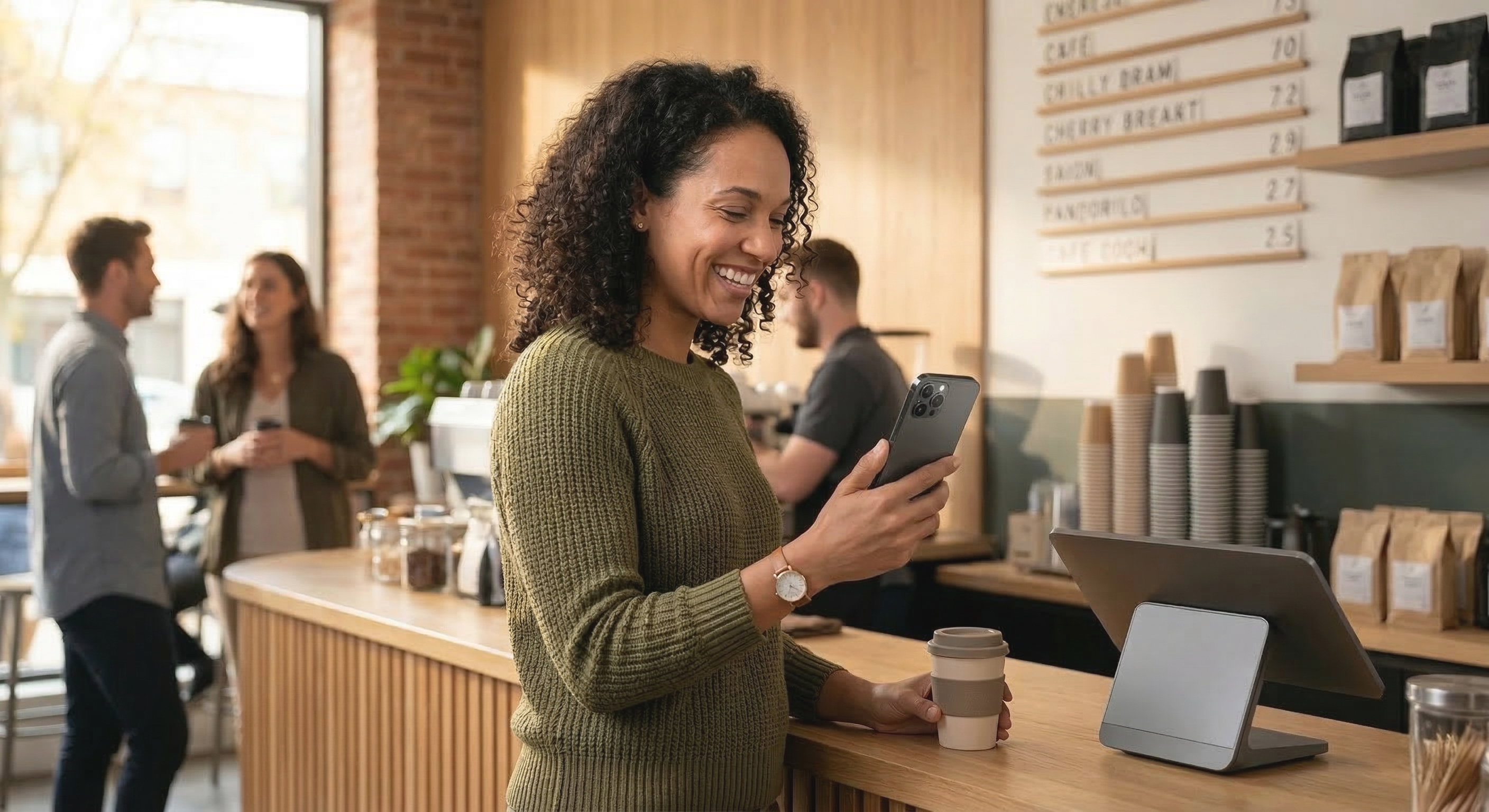 Customer smiling while checking a loyalty reward notification on their smartphone in a cafe.