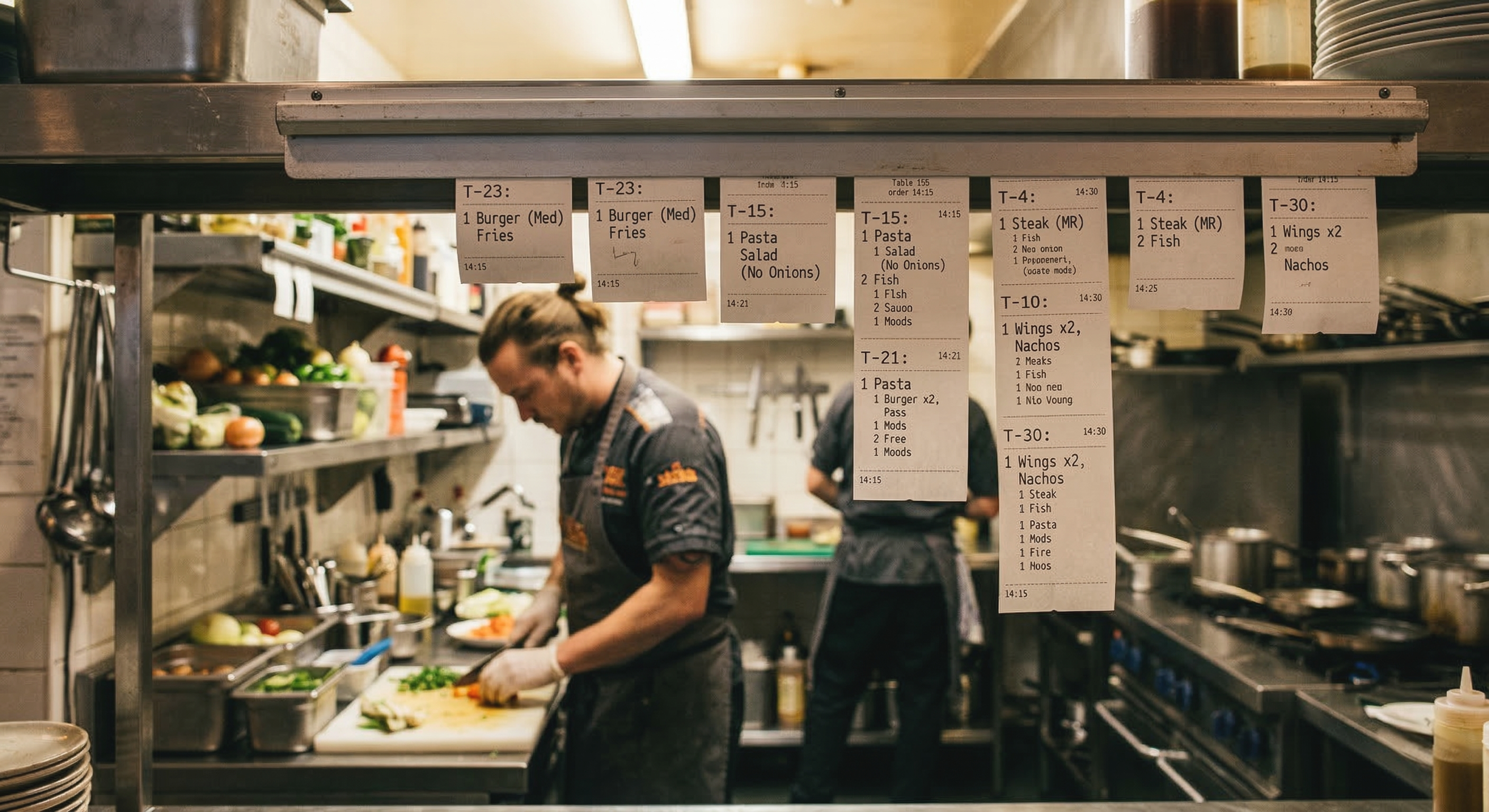 Kitchen order tickets hanging on a rail above chefs preparing food in a restaurant kitchen.