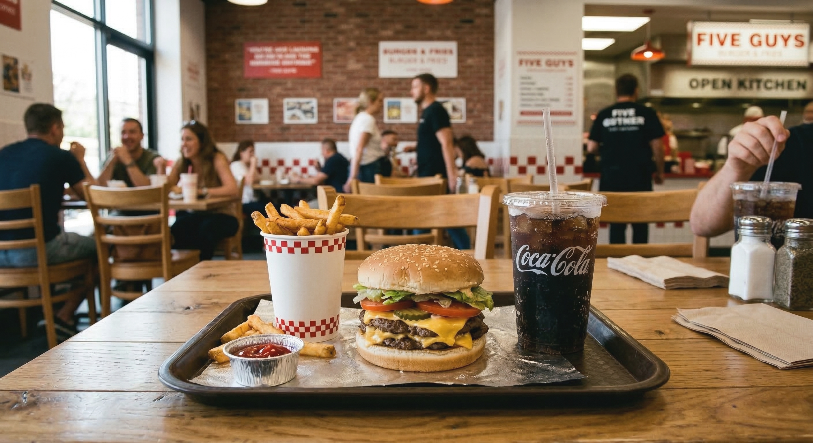 Fast food combo meal with burger, fries, and drink served on a tray in a restaurant.