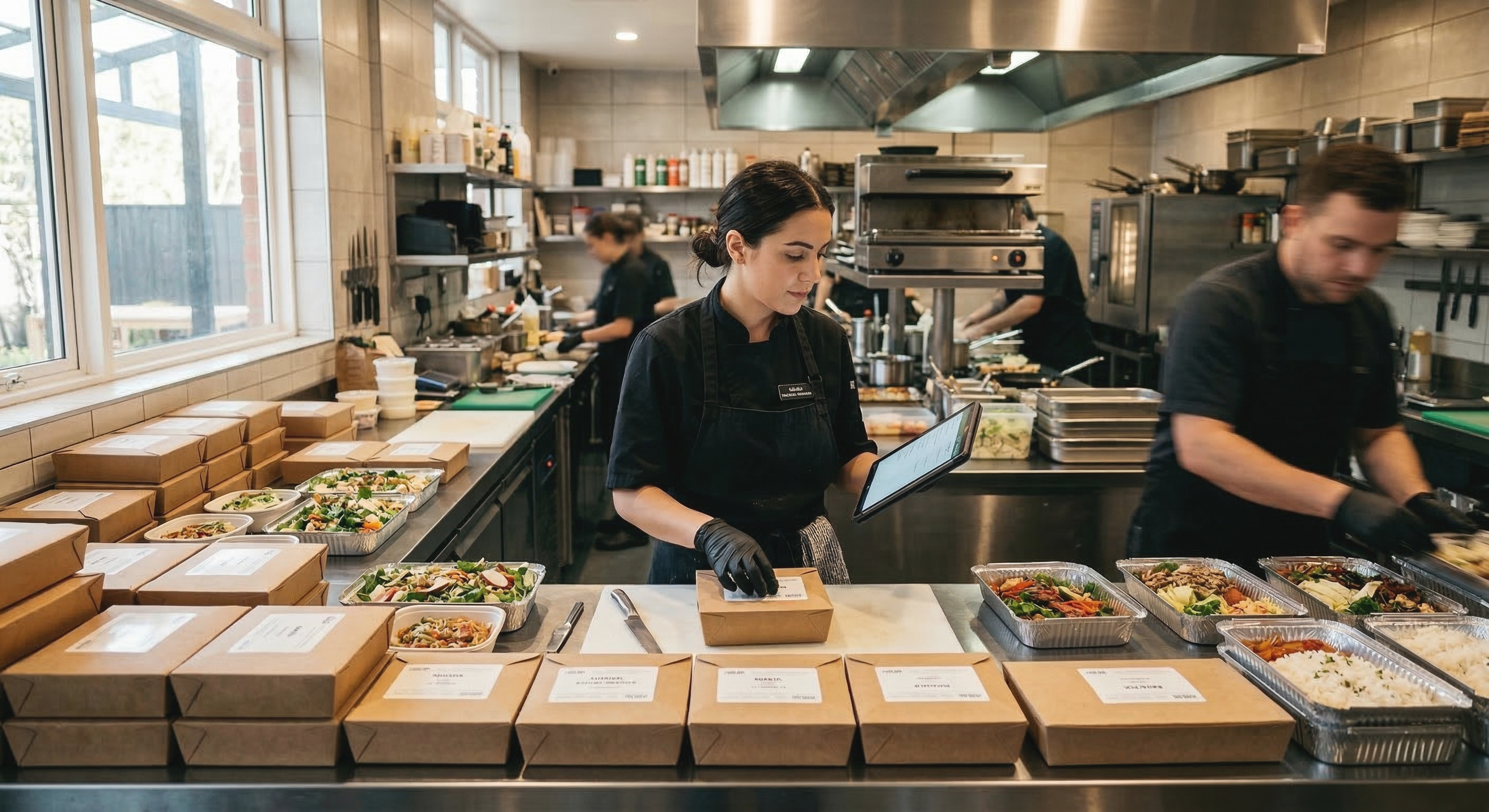 Restaurant kitchen staff preparing multiple boxed catering meals on a stainless steel counter.