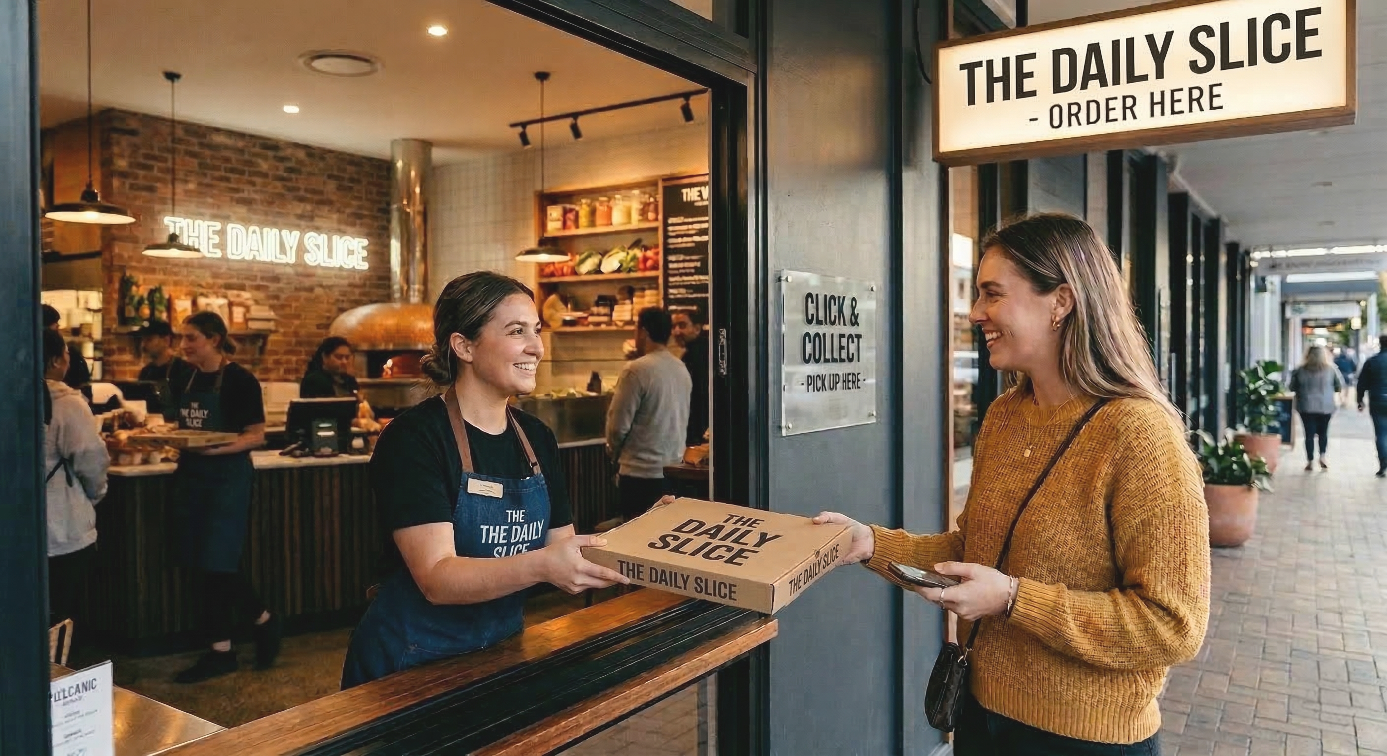 Customer picking up a pizza box from a takeaway window with a click and collect sign.