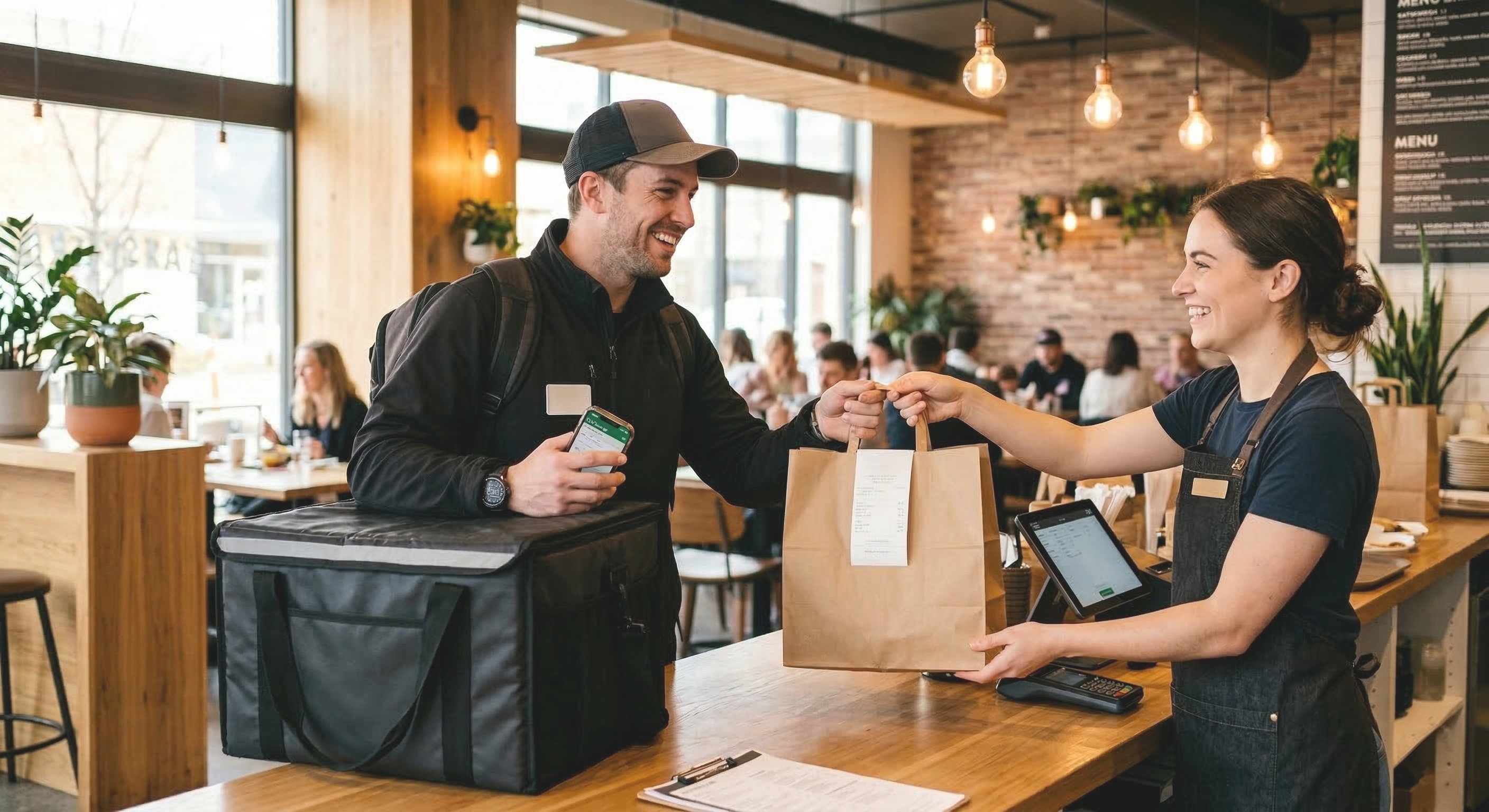Delivery driver collecting a takeaway order in an insulated delivery bag at a restaurant counter.