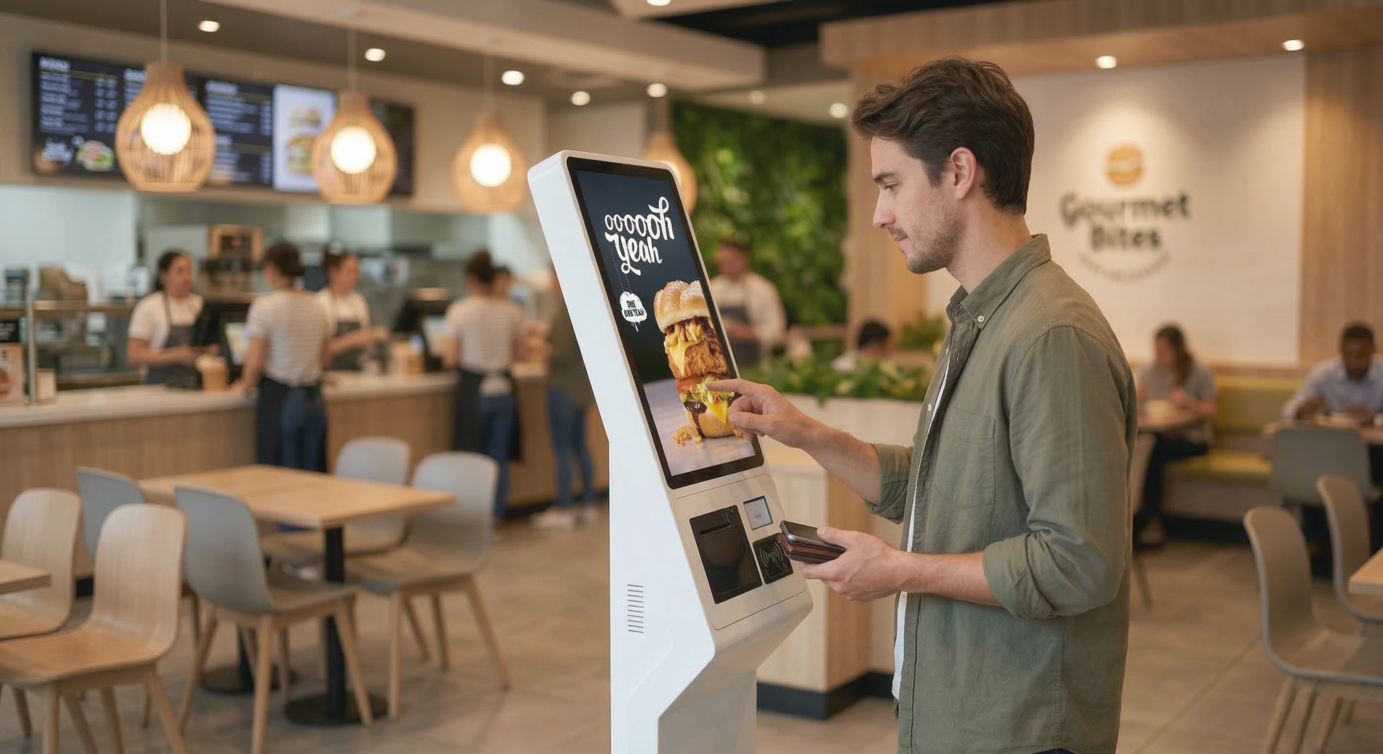 Customer using a self-service ordering kiosk inside a modern fast food restaurant.