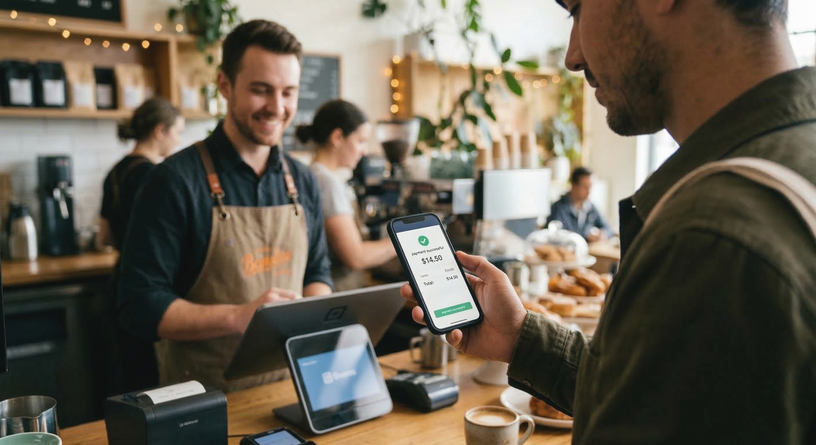 Customer showing a smartphone with a successful payment confirmation while paying at a cafe counter.