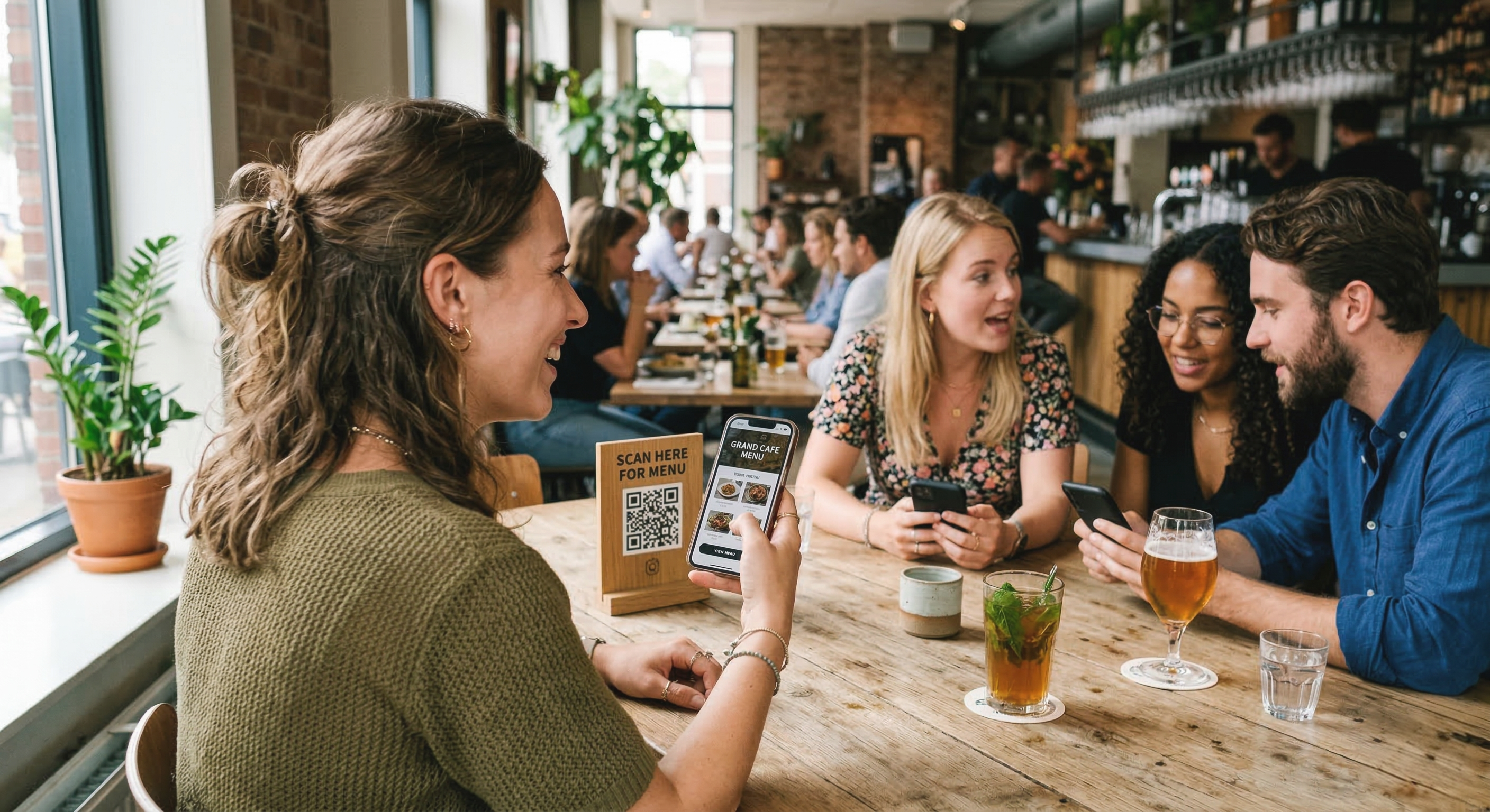 Customer scanning a QR code menu and ordering from a smartphone while sitting at a restaurant table with friends.