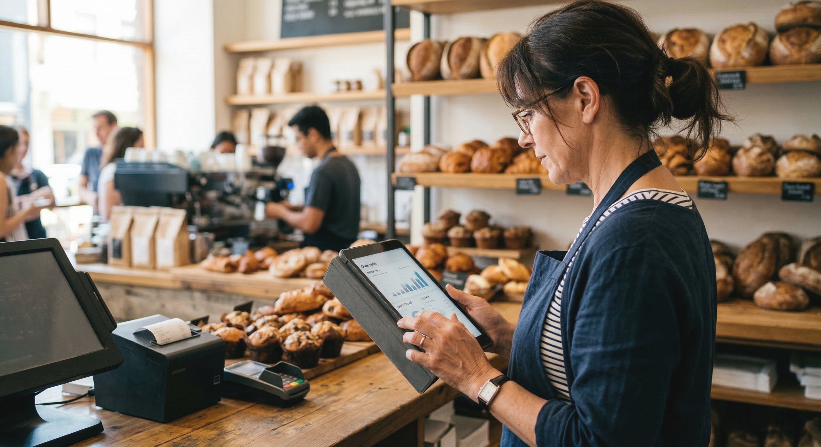 Cafe owner reviewing order analytics on a tablet behind the counter in a busy bakery cafe.