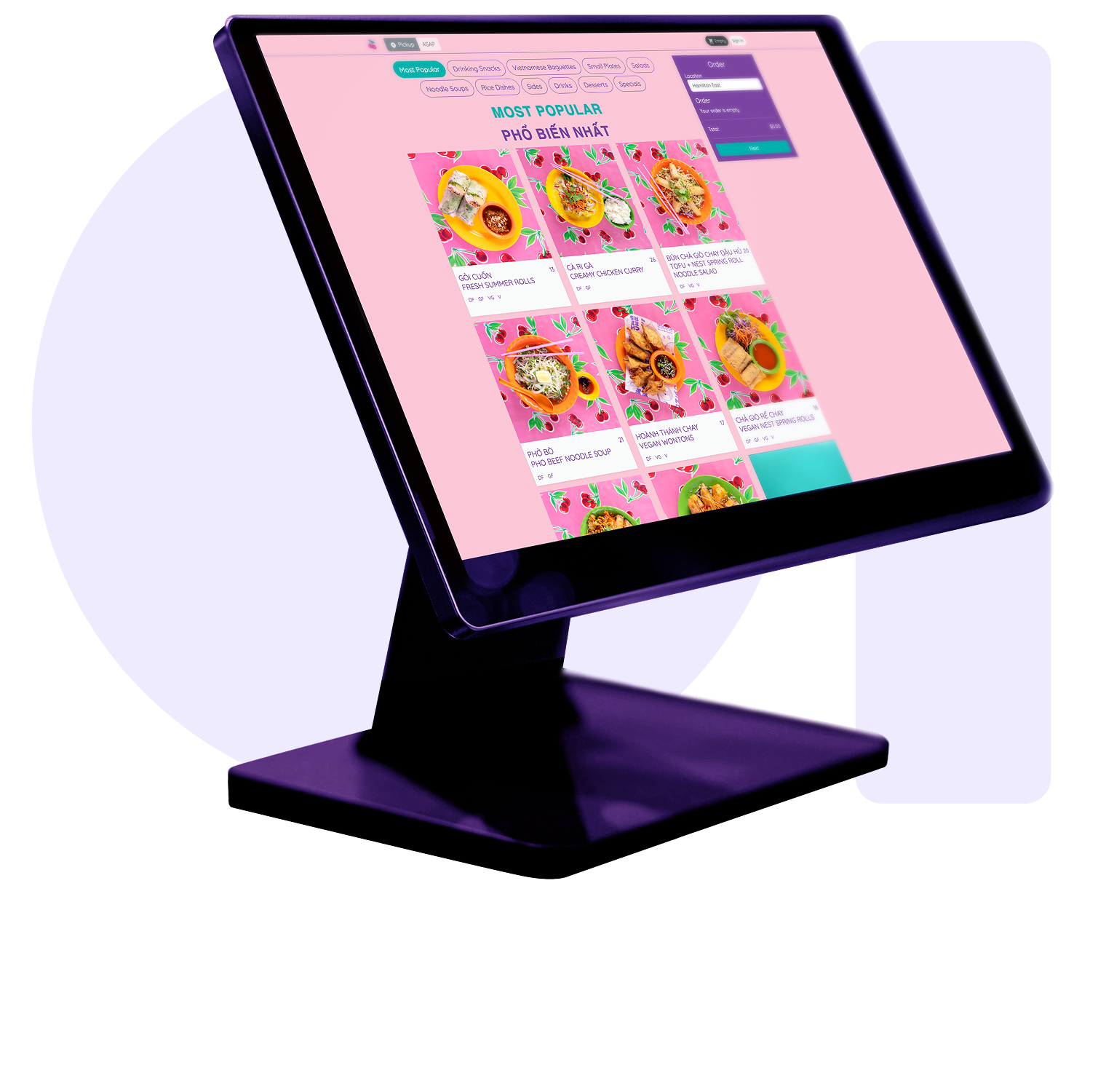 A digital kiosk displaying a vibrant food menu on a pink background.