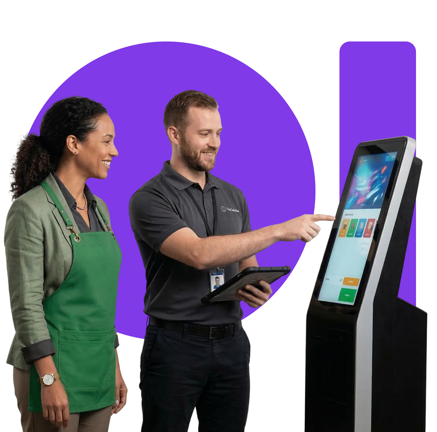 Young person smiling, holding beige jacket and black clothing on hangers.