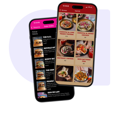Two smartphones displaying a food ordering app with menus showing burgers and tacos.