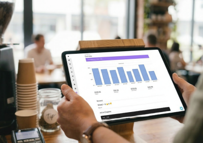 Restaurant owner checking order performance reports on a tablet in a cafe environment.