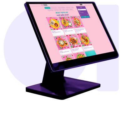 A POS touchscreen terminal on a stand displaying a colourful food ordering menu.