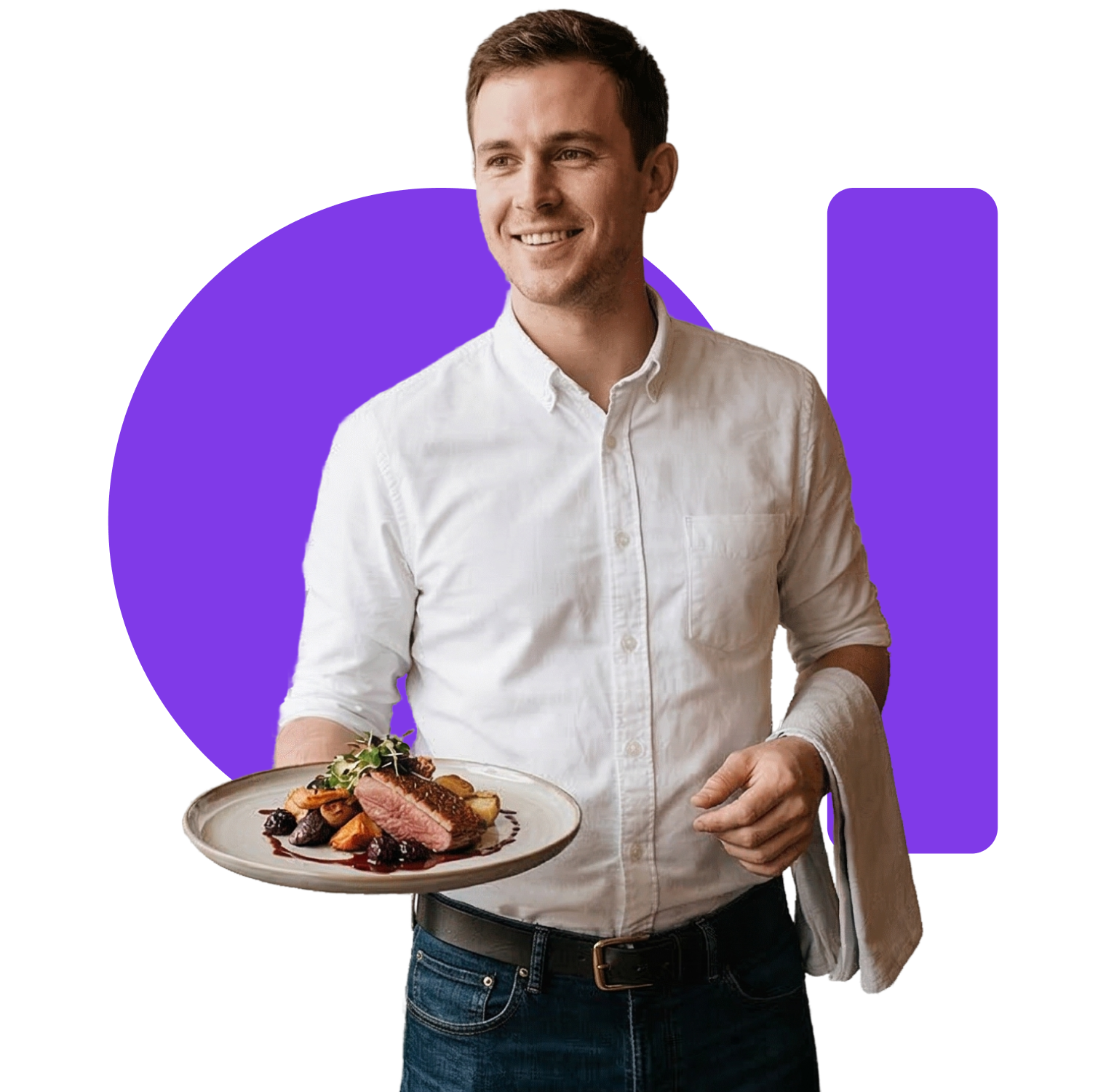 A professional restaurant waiter presenting a plated meal with one hand, natural friendly expression, wearing a modern restaurant uniform and apron.